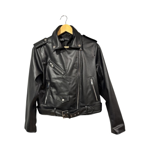 Zara Jackets & Blazers - Zara Womens Black Faux Leather Moto Biker Jacket Belted Size XL